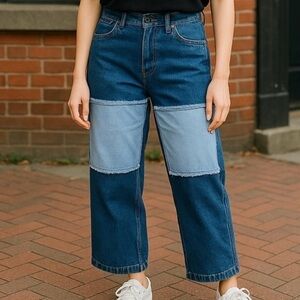 Ragged Women’s SZ 10 Blue Button Fly Patchwork High Rise Wide Leg Denim Distress